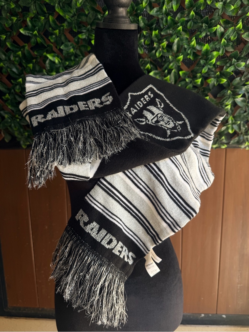 Forever Collectibles Black & White Raiders Scarf fringe ends